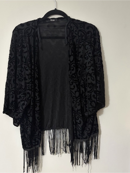 Deb Sweaters - Deb Black Velvet Burnout Fringe Kimono Shrug